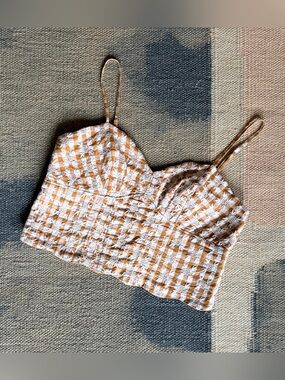 Maeve Anthropologie Gingham Crop Top in White and Mustard